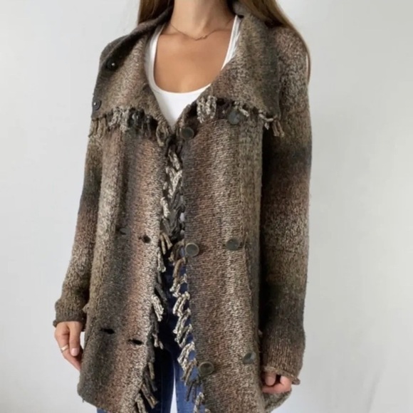 CABI 903 Cotton Silk Chunky Sweater Knit Frontier Fringed Cardigan - Picture 2 of 9
